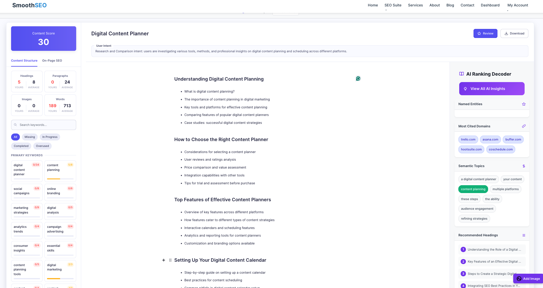 RankReady content outline for the term "Digital Content Planner". With associated semantic keywords and their densities, related topics, most cited domains, related entities and more.
